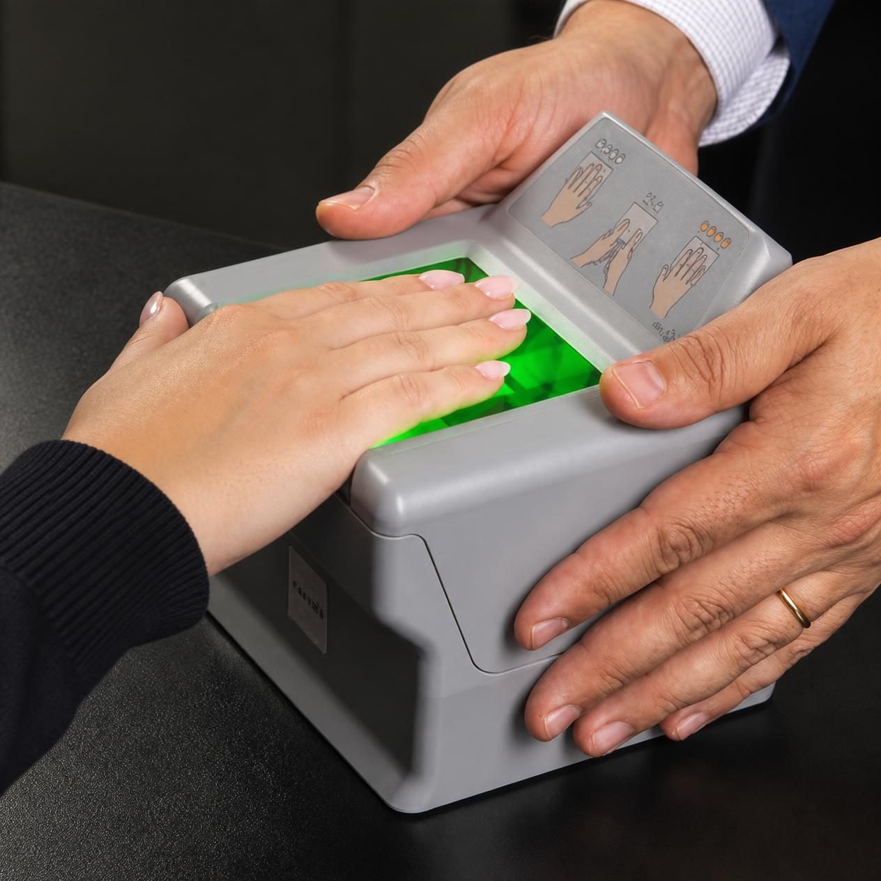 Mobile Live Scan Fingerprinting in Riverside & San Bernardino County Client and operator using a Live Scan fingerprint scanner with an illuminated green platen
