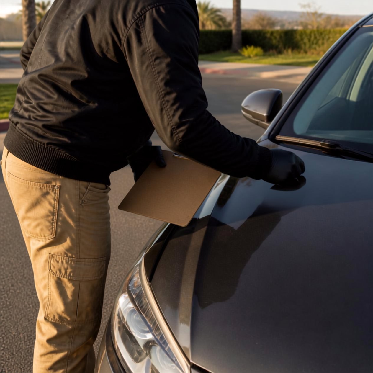 Mobile Live Scan Fingerprinting in Riverside & San Bernardino County A DMV licensed vehicle verifier with a clipboard checking a car's VIN at the base of the windshield in a driveway